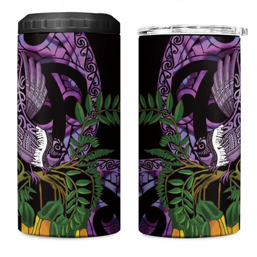 Purple New Zealand Kowhai And Piwakawaka 4 in 1 Can Cooler Tumbler Maori Ngaru Paua Shell