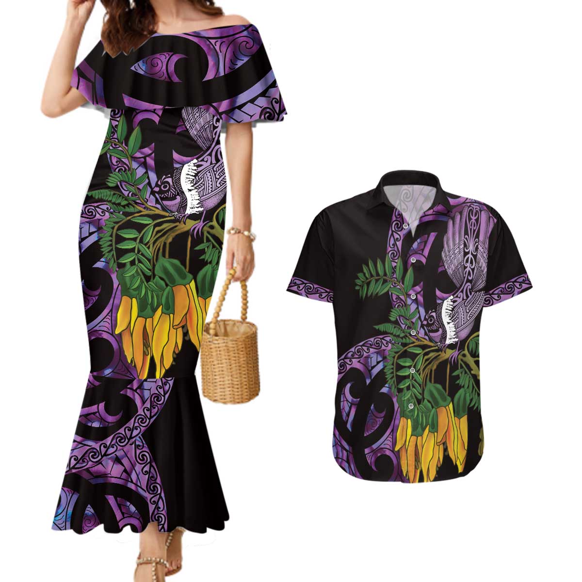 Purple New Zealand Kowhai And Piwakawaka Couples Matching Mermaid Dress and Hawaiian Shirt Maori Ngaru Paua Shell