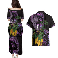 Purple New Zealand Kowhai And Piwakawaka Couples Matching Puletasi and Hawaiian Shirt Maori Ngaru Paua Shell