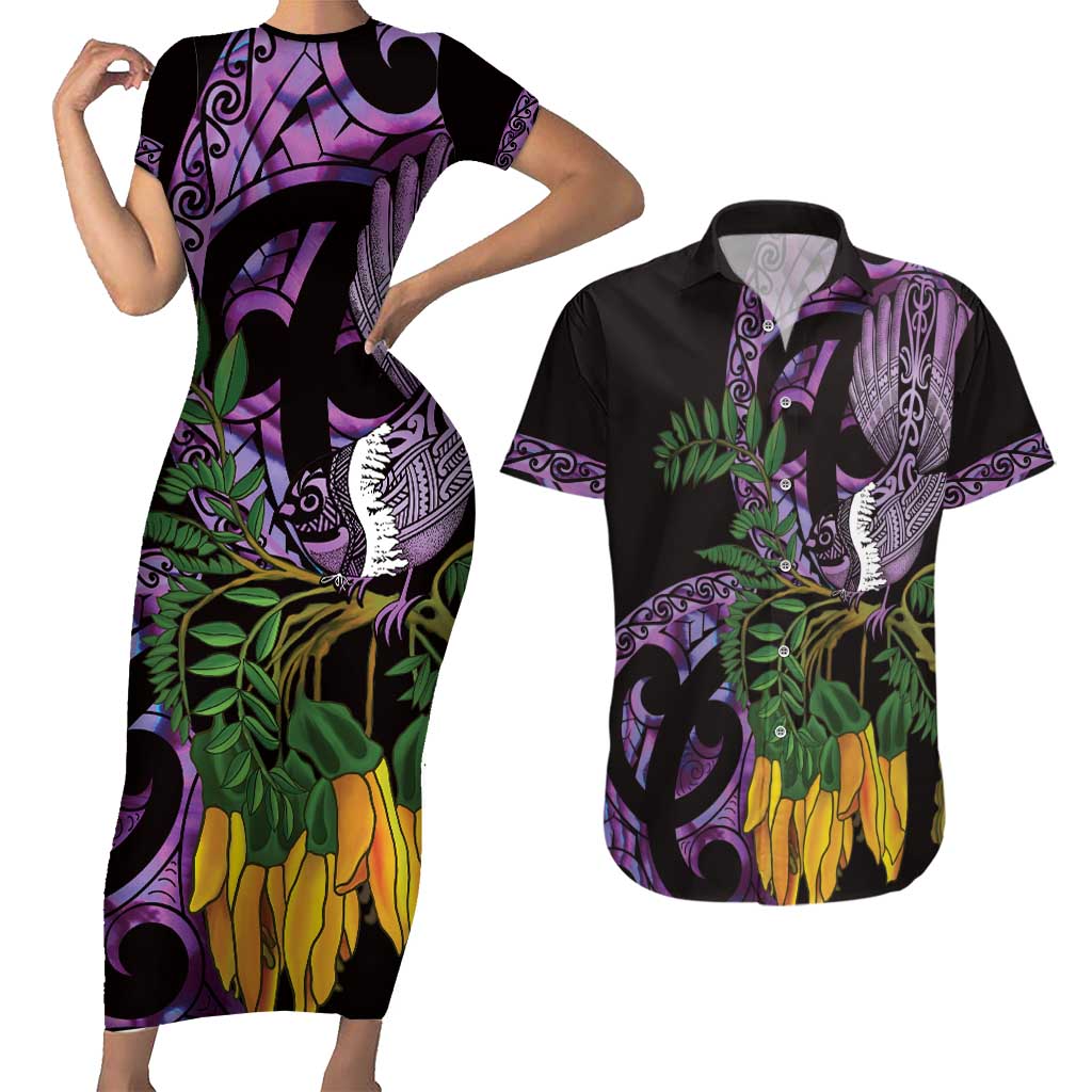 Purple New Zealand Kowhai And Piwakawaka Couples Matching Short Sleeve Bodycon Dress and Hawaiian Shirt Maori Ngaru Paua Shell