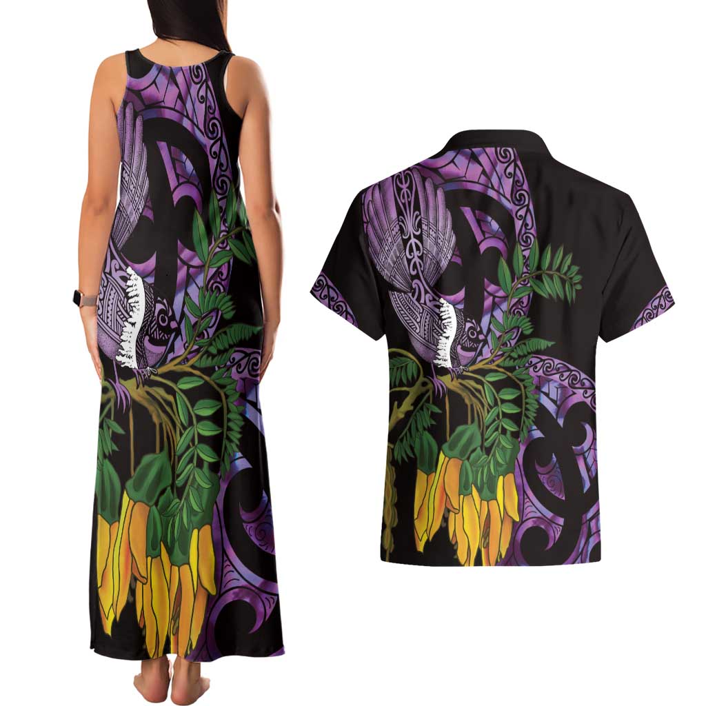 Purple New Zealand Kowhai And Piwakawaka Couples Matching Tank Maxi Dress and Hawaiian Shirt Maori Ngaru Paua Shell