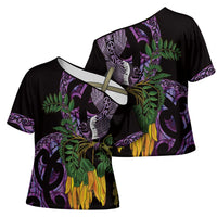 Purple New Zealand Kowhai And Piwakawaka Cross Shoulder Shirt Maori Ngaru Paua Shell - Polynesian Pride