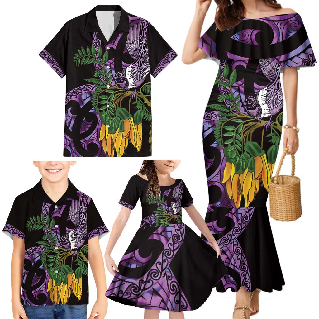 Purple New Zealand Kowhai And Piwakawaka Family Matching Mermaid Dress and Hawaiian Shirt Maori Ngaru Paua Shell