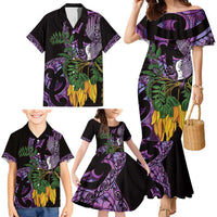 Purple New Zealand Kowhai And Piwakawaka Family Matching Mermaid Dress and Hawaiian Shirt Maori Ngaru Paua Shell