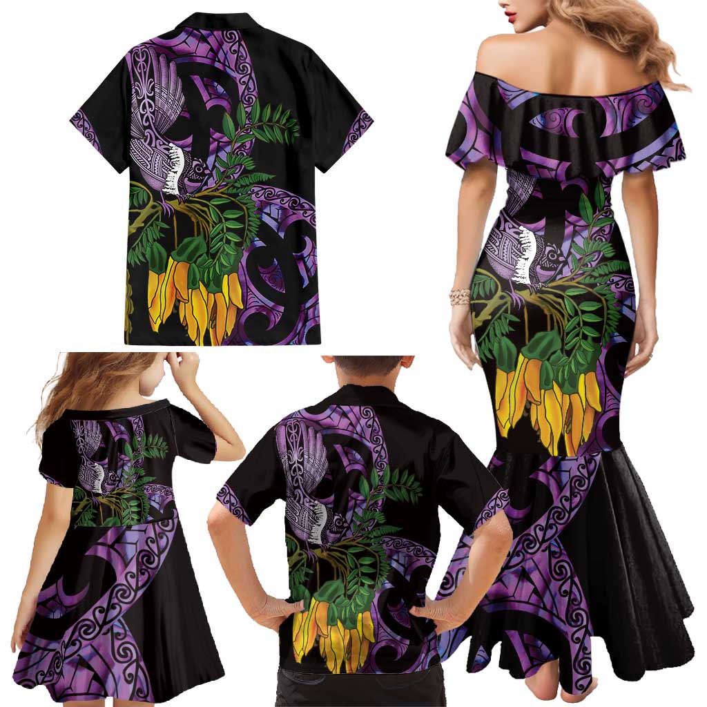 Purple New Zealand Kowhai And Piwakawaka Family Matching Mermaid Dress and Hawaiian Shirt Maori Ngaru Paua Shell