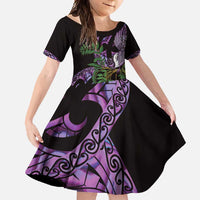Purple New Zealand Kowhai And Piwakawaka Family Matching Off Shoulder Maxi Dress and Hawaiian Shirt Maori Ngaru Paua Shell