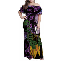 Purple New Zealand Kowhai And Piwakawaka Family Matching Off Shoulder Maxi Dress and Hawaiian Shirt Maori Ngaru Paua Shell