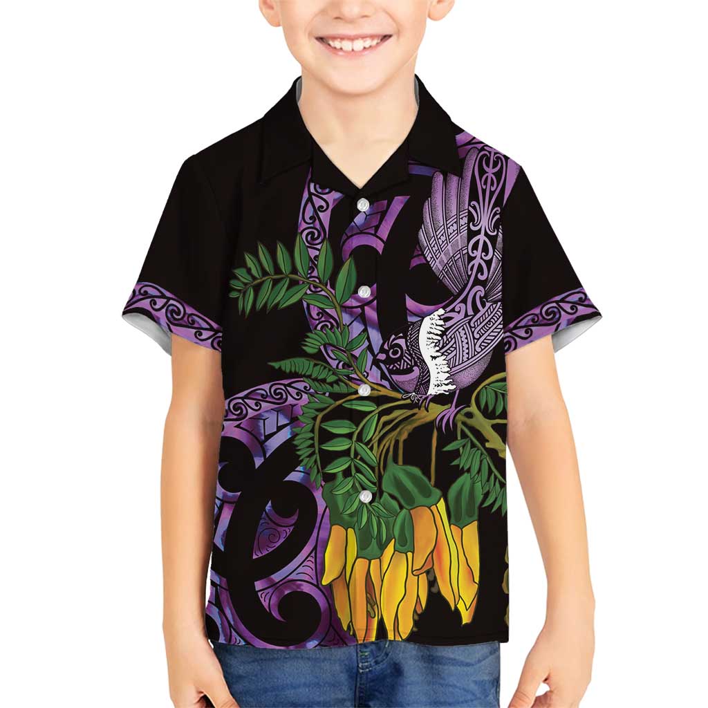 Purple New Zealand Kowhai And Piwakawaka Family Matching Off Shoulder Maxi Dress and Hawaiian Shirt Maori Ngaru Paua Shell