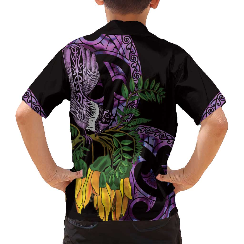 Purple New Zealand Kowhai And Piwakawaka Family Matching Off Shoulder Short Dress and Hawaiian Shirt Maori Ngaru Paua Shell LT14 - Polynesian Pride