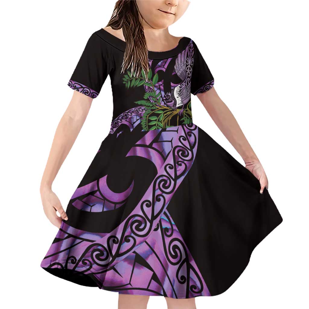 Purple New Zealand Kowhai And Piwakawaka Family Matching Off Shoulder Short Dress and Hawaiian Shirt Maori Ngaru Paua Shell LT14 Daughter's Dress Purple - Polynesian Pride