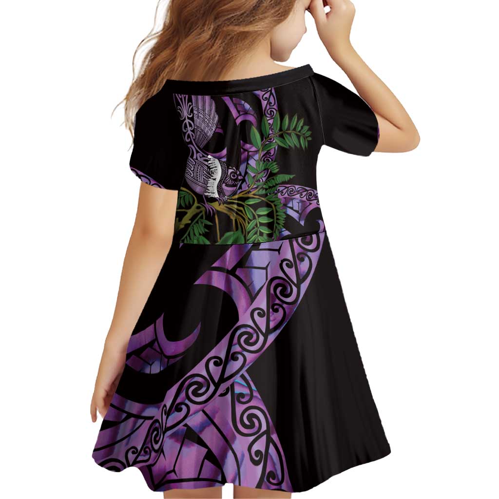 Purple New Zealand Kowhai And Piwakawaka Family Matching Off Shoulder Short Dress and Hawaiian Shirt Maori Ngaru Paua Shell LT14 - Polynesian Pride