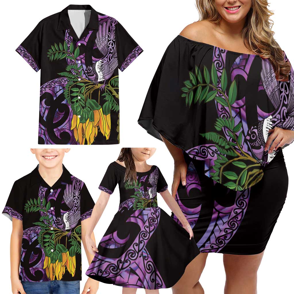Purple New Zealand Kowhai And Piwakawaka Family Matching Off Shoulder Short Dress and Hawaiian Shirt Maori Ngaru Paua Shell LT14 - Polynesian Pride