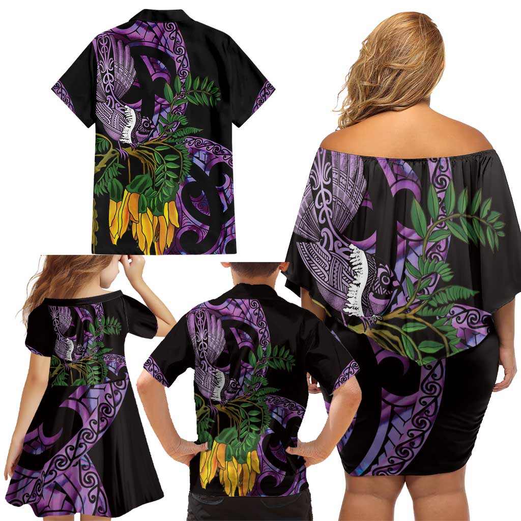 Purple New Zealand Kowhai And Piwakawaka Family Matching Off Shoulder Short Dress and Hawaiian Shirt Maori Ngaru Paua Shell LT14 - Polynesian Pride
