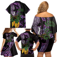 Purple New Zealand Kowhai And Piwakawaka Family Matching Off Shoulder Short Dress and Hawaiian Shirt Maori Ngaru Paua Shell LT14 - Polynesian Pride