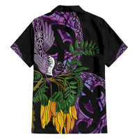 Purple New Zealand Kowhai And Piwakawaka Family Matching Off Shoulder Short Dress and Hawaiian Shirt Maori Ngaru Paua Shell LT14 - Polynesian Pride