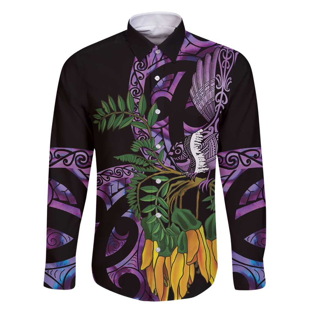 Purple New Zealand Kowhai And Piwakawaka Family Matching Off Shoulder Short Dress and Hawaiian Shirt Maori Ngaru Paua Shell LT14 Dad's Shirt - Long Sleeve Purple - Polynesian Pride