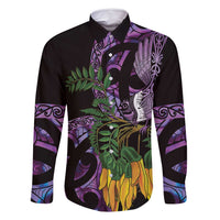 Purple New Zealand Kowhai And Piwakawaka Family Matching Off Shoulder Short Dress and Hawaiian Shirt Maori Ngaru Paua Shell LT14 Dad's Shirt - Long Sleeve Purple - Polynesian Pride