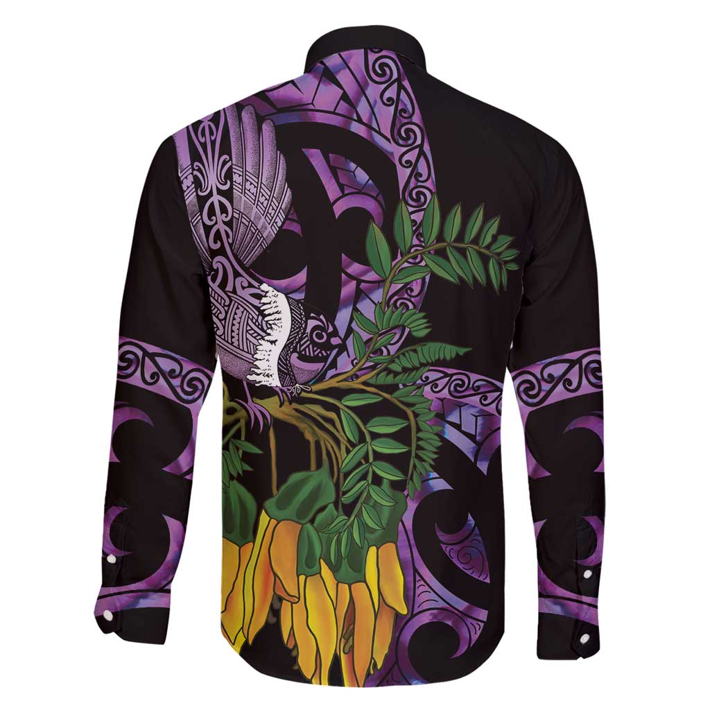 Purple New Zealand Kowhai And Piwakawaka Family Matching Off Shoulder Short Dress and Hawaiian Shirt Maori Ngaru Paua Shell LT14 - Polynesian Pride
