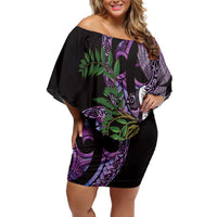 Purple New Zealand Kowhai And Piwakawaka Family Matching Off Shoulder Short Dress and Hawaiian Shirt Maori Ngaru Paua Shell LT14 Mom's Dress Purple - Polynesian Pride