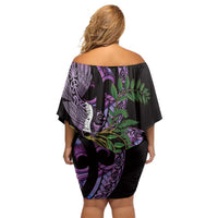 Purple New Zealand Kowhai And Piwakawaka Family Matching Off Shoulder Short Dress and Hawaiian Shirt Maori Ngaru Paua Shell LT14 - Polynesian Pride