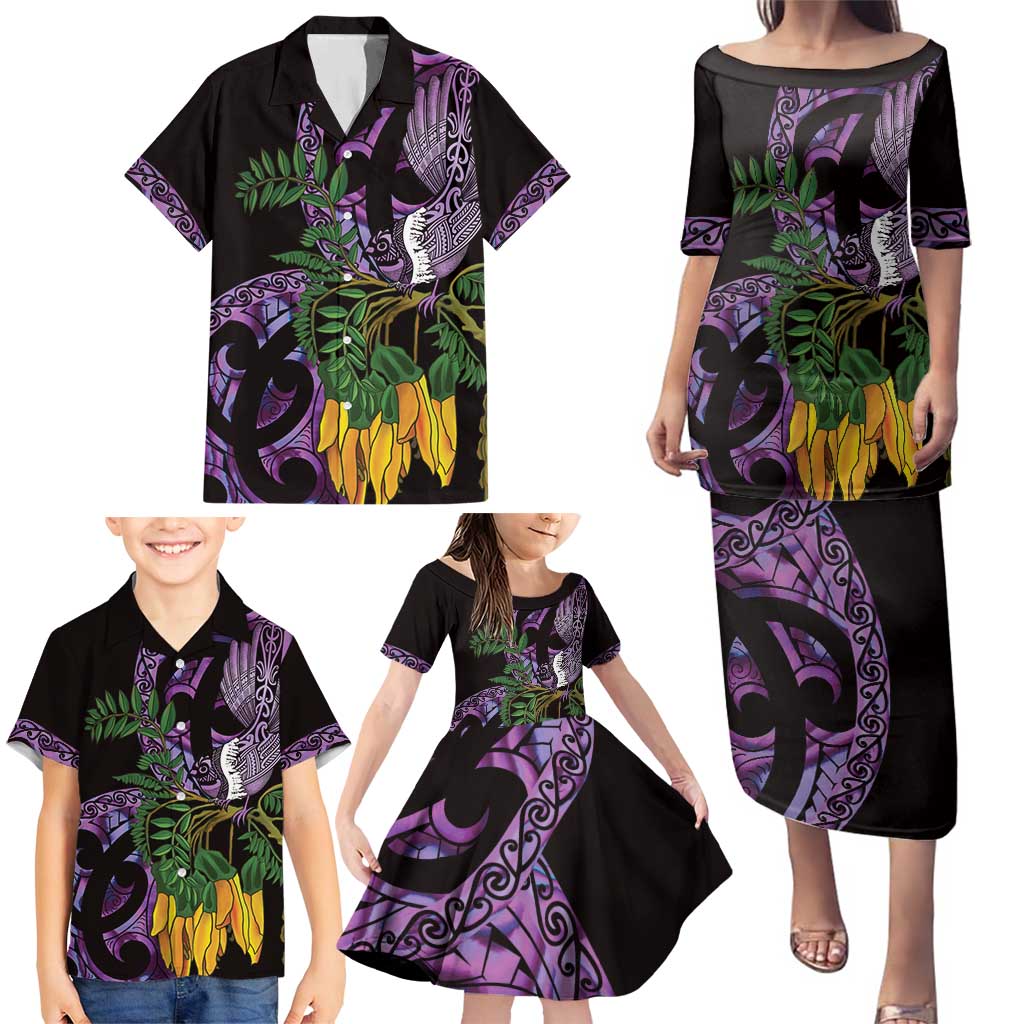 Purple New Zealand Kowhai And Piwakawaka Family Matching Puletasi and Hawaiian Shirt Maori Ngaru Paua Shell LT14 - Polynesian Pride