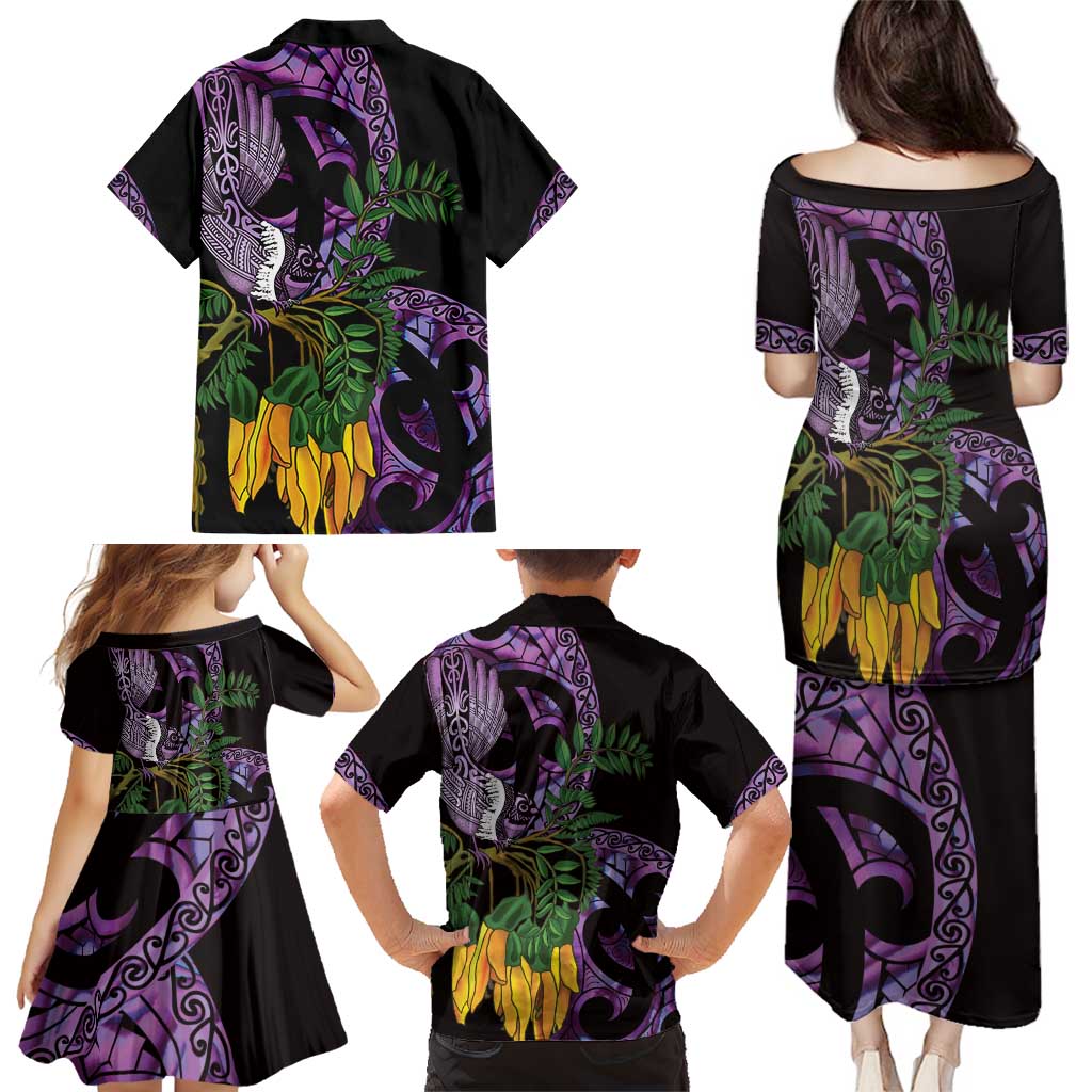 Purple New Zealand Kowhai And Piwakawaka Family Matching Puletasi and Hawaiian Shirt Maori Ngaru Paua Shell LT14 - Polynesian Pride