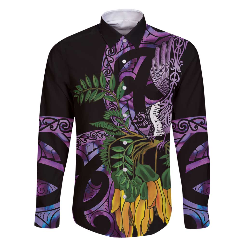 Purple New Zealand Kowhai And Piwakawaka Family Matching Puletasi and Hawaiian Shirt Maori Ngaru Paua Shell LT14 Dad's Shirt - Long Sleeve Purple - Polynesian Pride