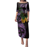Purple New Zealand Kowhai And Piwakawaka Family Matching Puletasi and Hawaiian Shirt Maori Ngaru Paua Shell LT14 Mom's Dress Purple - Polynesian Pride