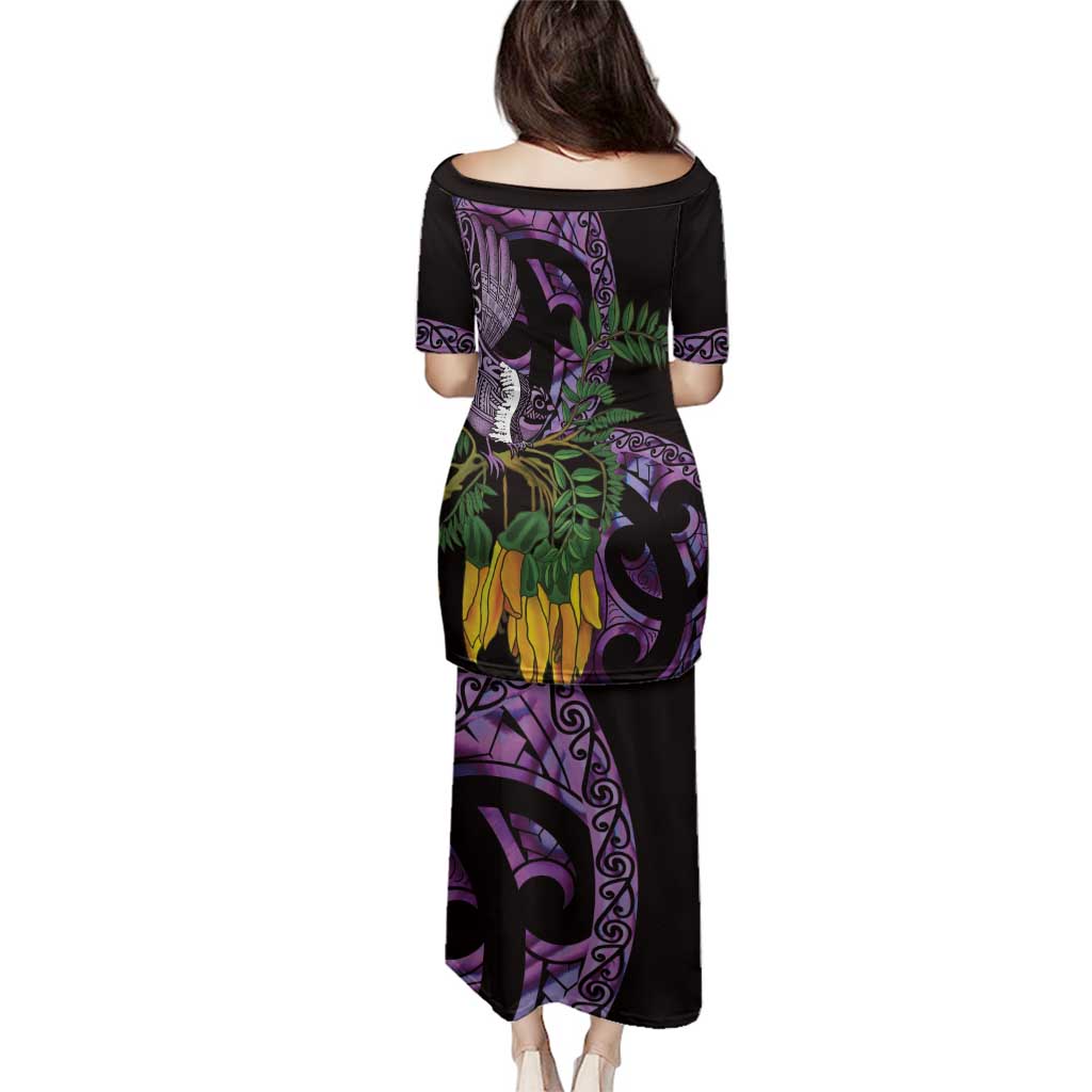 Purple New Zealand Kowhai And Piwakawaka Family Matching Puletasi and Hawaiian Shirt Maori Ngaru Paua Shell LT14 - Polynesian Pride