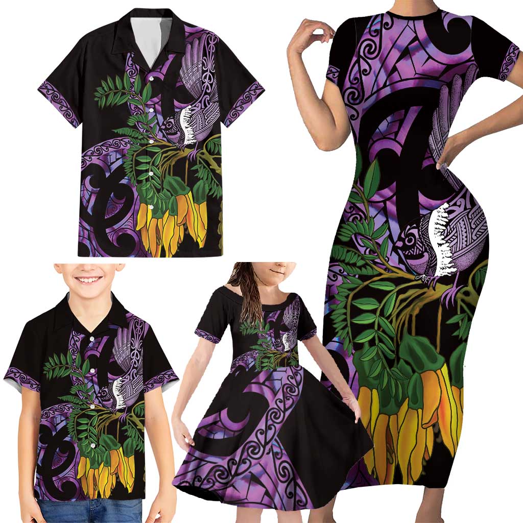Purple New Zealand Kowhai And Piwakawaka Family Matching Short Sleeve Bodycon Dress and Hawaiian Shirt Maori Ngaru Paua Shell