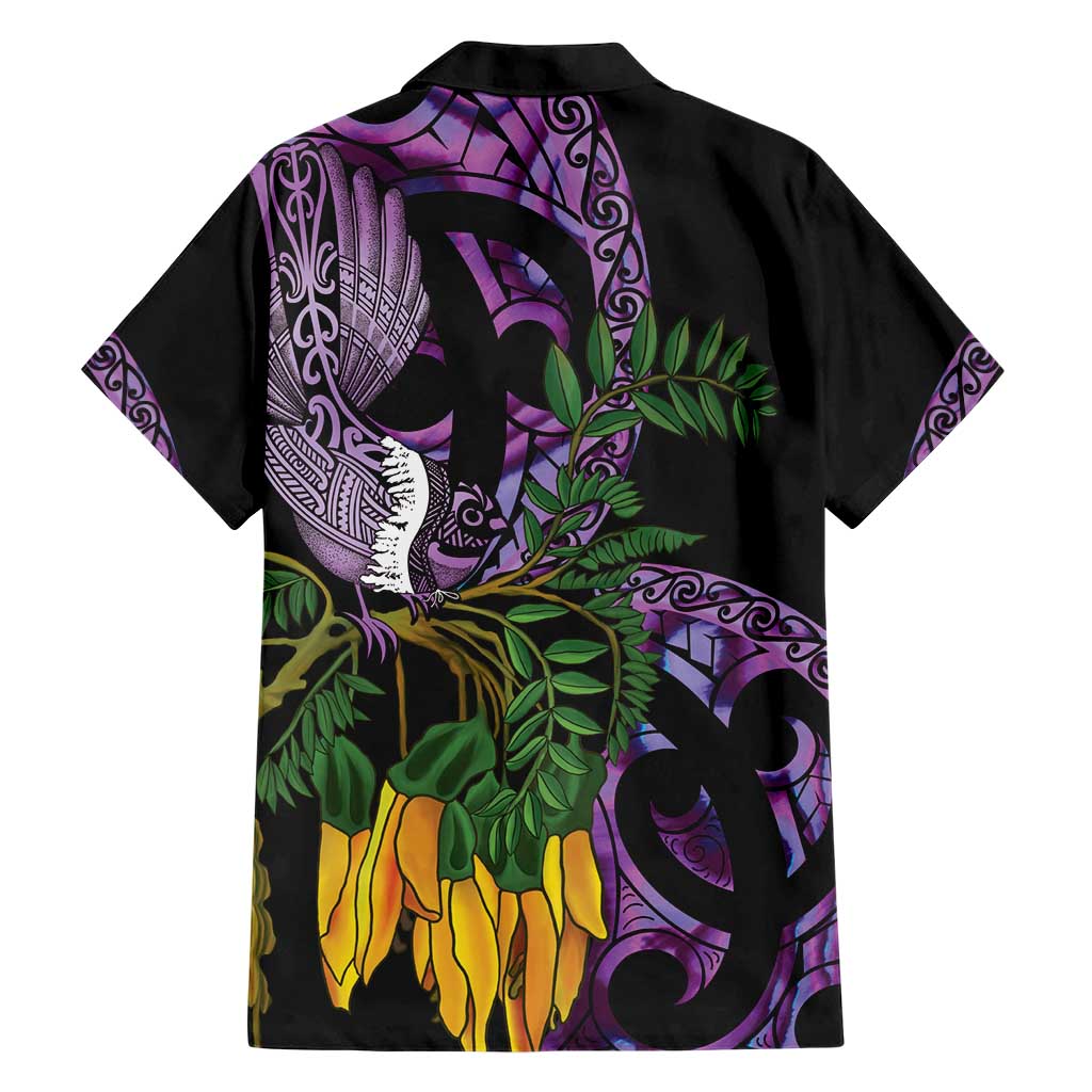 Purple New Zealand Kowhai And Piwakawaka Family Matching Short Sleeve Bodycon Dress and Hawaiian Shirt Maori Ngaru Paua Shell