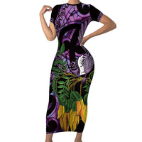 Purple New Zealand Kowhai And Piwakawaka Family Matching Short Sleeve Bodycon Dress and Hawaiian Shirt Maori Ngaru Paua Shell
