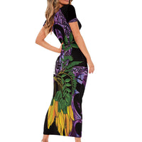 Purple New Zealand Kowhai And Piwakawaka Family Matching Short Sleeve Bodycon Dress and Hawaiian Shirt Maori Ngaru Paua Shell