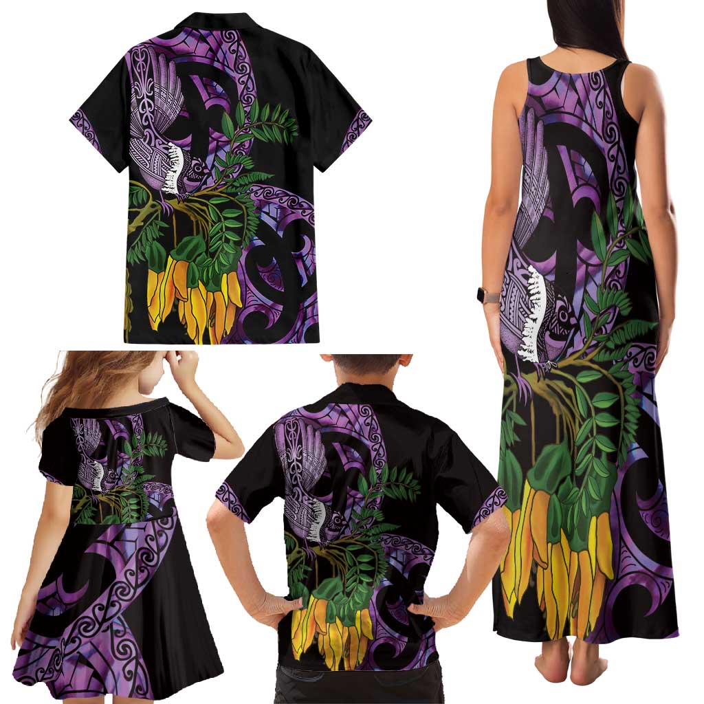 Purple New Zealand Kowhai And Piwakawaka Family Matching Tank Maxi Dress and Hawaiian Shirt Maori Ngaru Paua Shell LT14 - Polynesian Pride