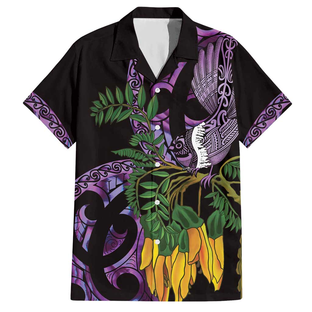 Purple New Zealand Kowhai And Piwakawaka Hawaiian Shirt Maori Ngaru Paua Shell