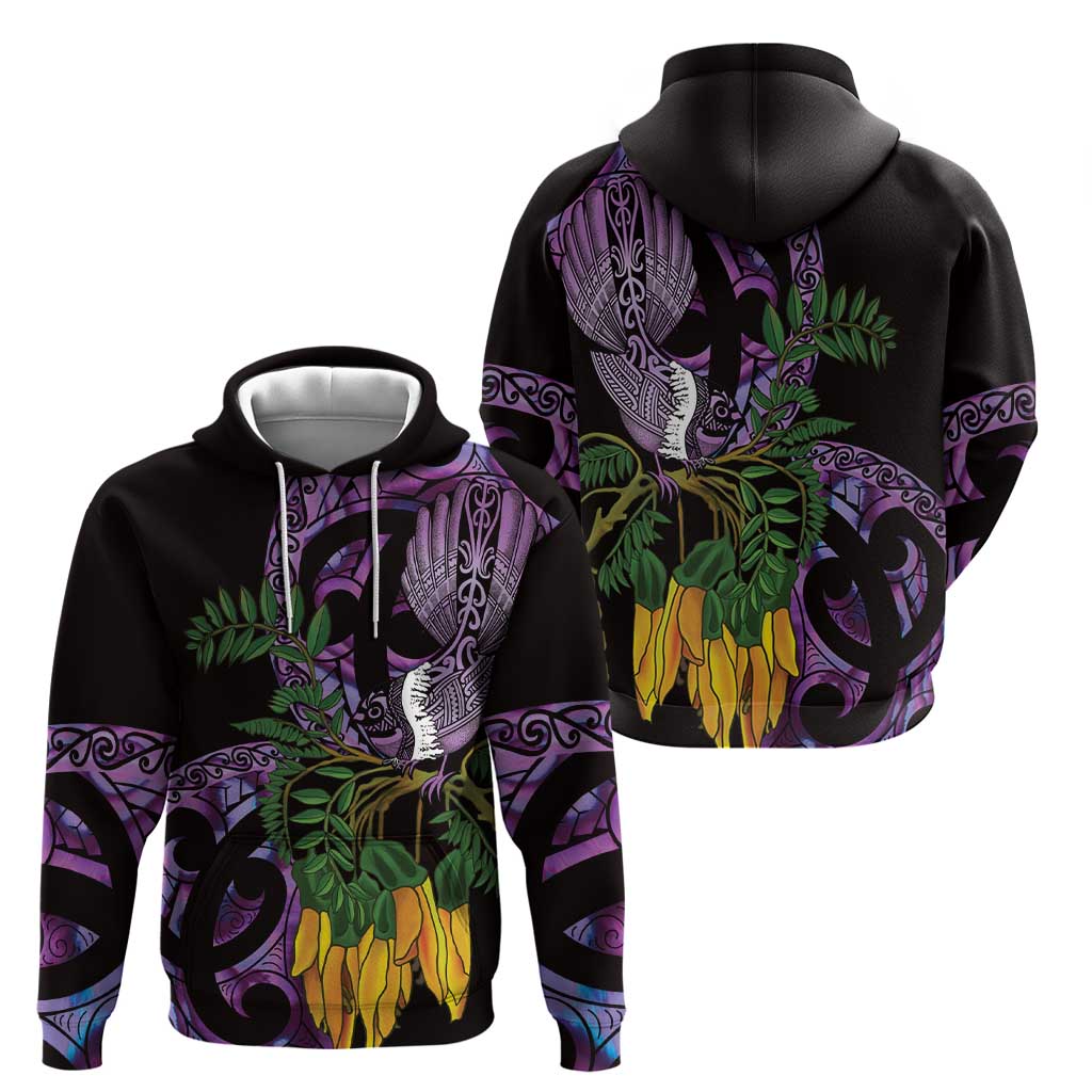 Purple New Zealand Kowhai And Piwakawaka Hoodie Maori Ngaru Paua Shell