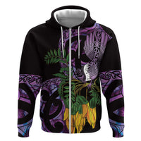 Purple New Zealand Kowhai And Piwakawaka Hoodie Maori Ngaru Paua Shell