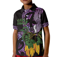 Purple New Zealand Kowhai And Piwakawaka Kid Polo Shirt Maori Ngaru Paua Shell