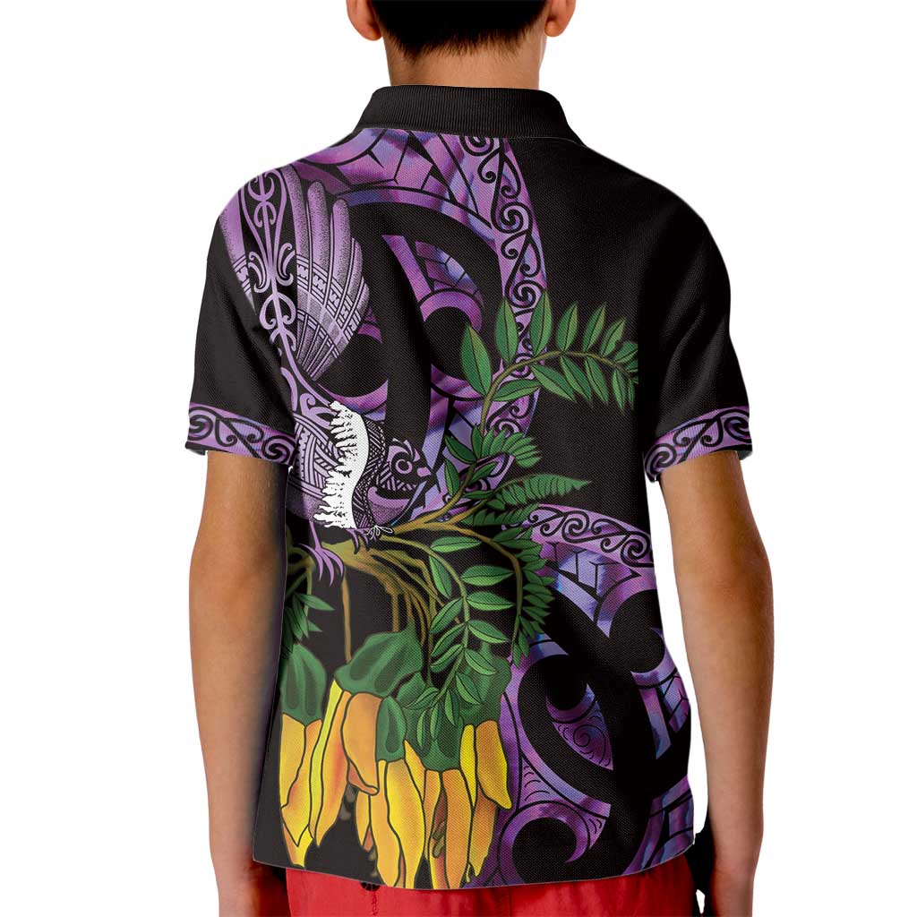 Purple New Zealand Kowhai And Piwakawaka Kid Polo Shirt Maori Ngaru Paua Shell