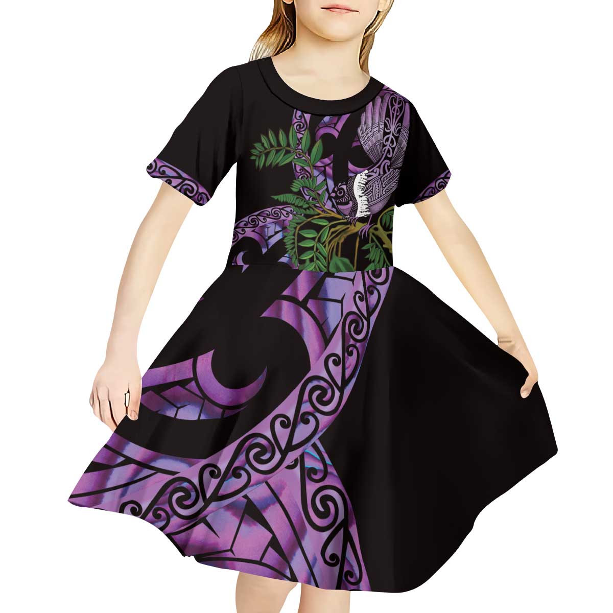 Purple New Zealand Kowhai And Piwakawaka Kid Short Sleeve Dress Maori Ngaru Paua Shell