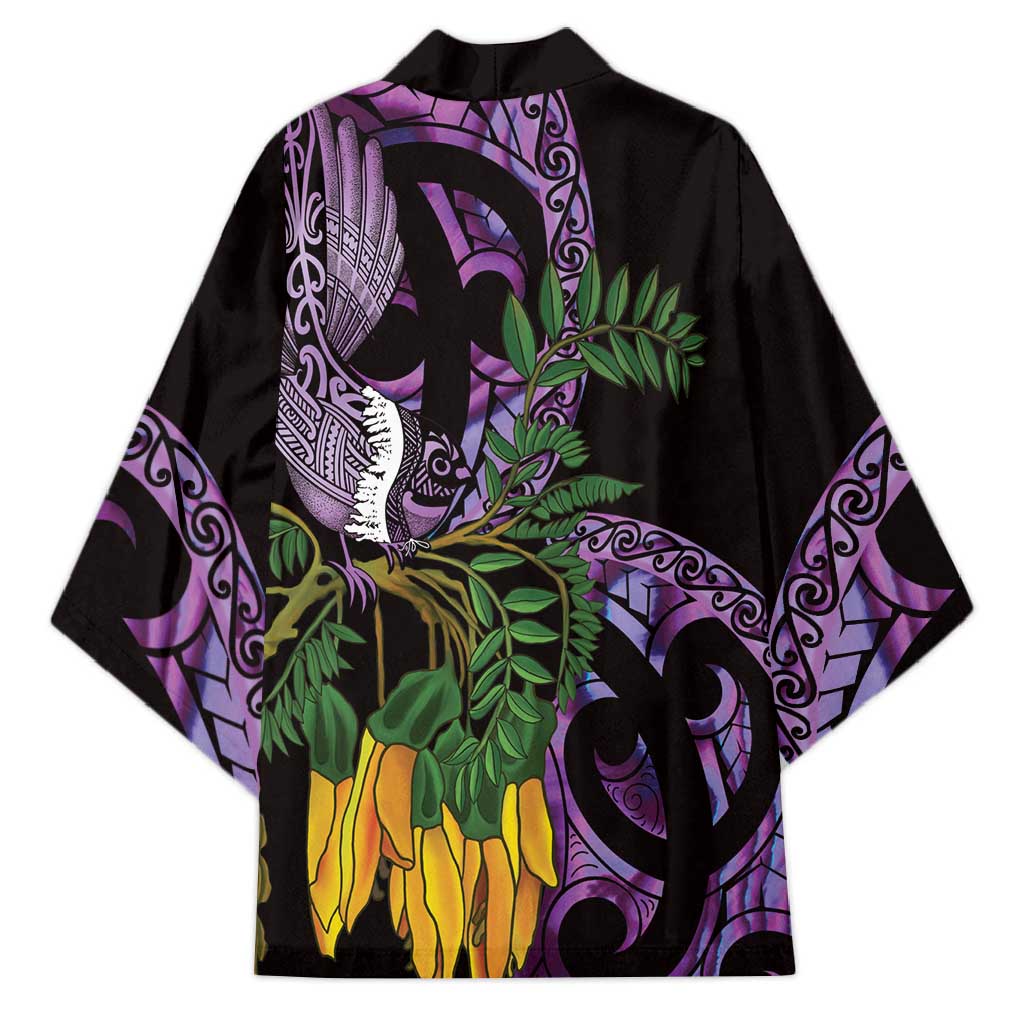 Purple New Zealand Kowhai And Piwakawaka Kimono Maori Ngaru Paua Shell - Polynesian Pride