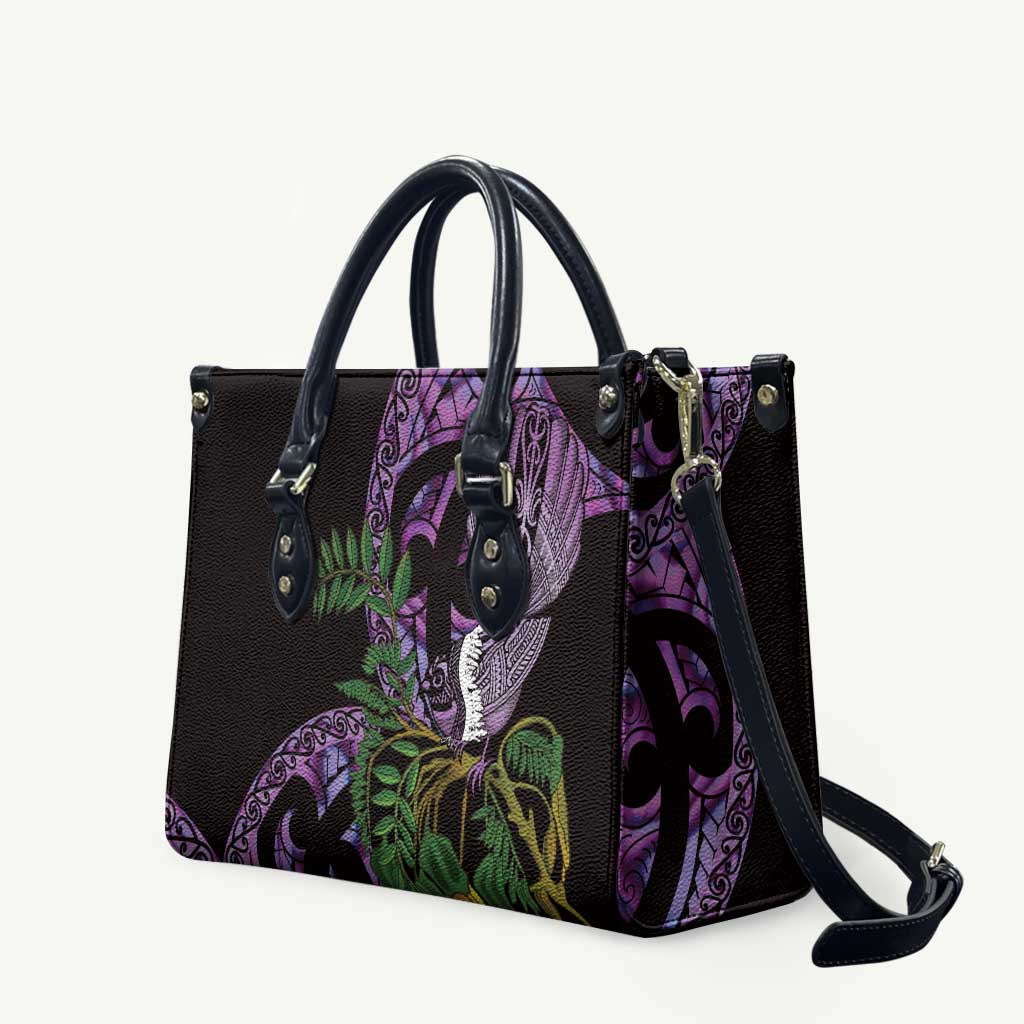 Purple New Zealand Kowhai And Piwakawaka Leather Bag Maori Ngaru Paua Shell - Polynesian Pride