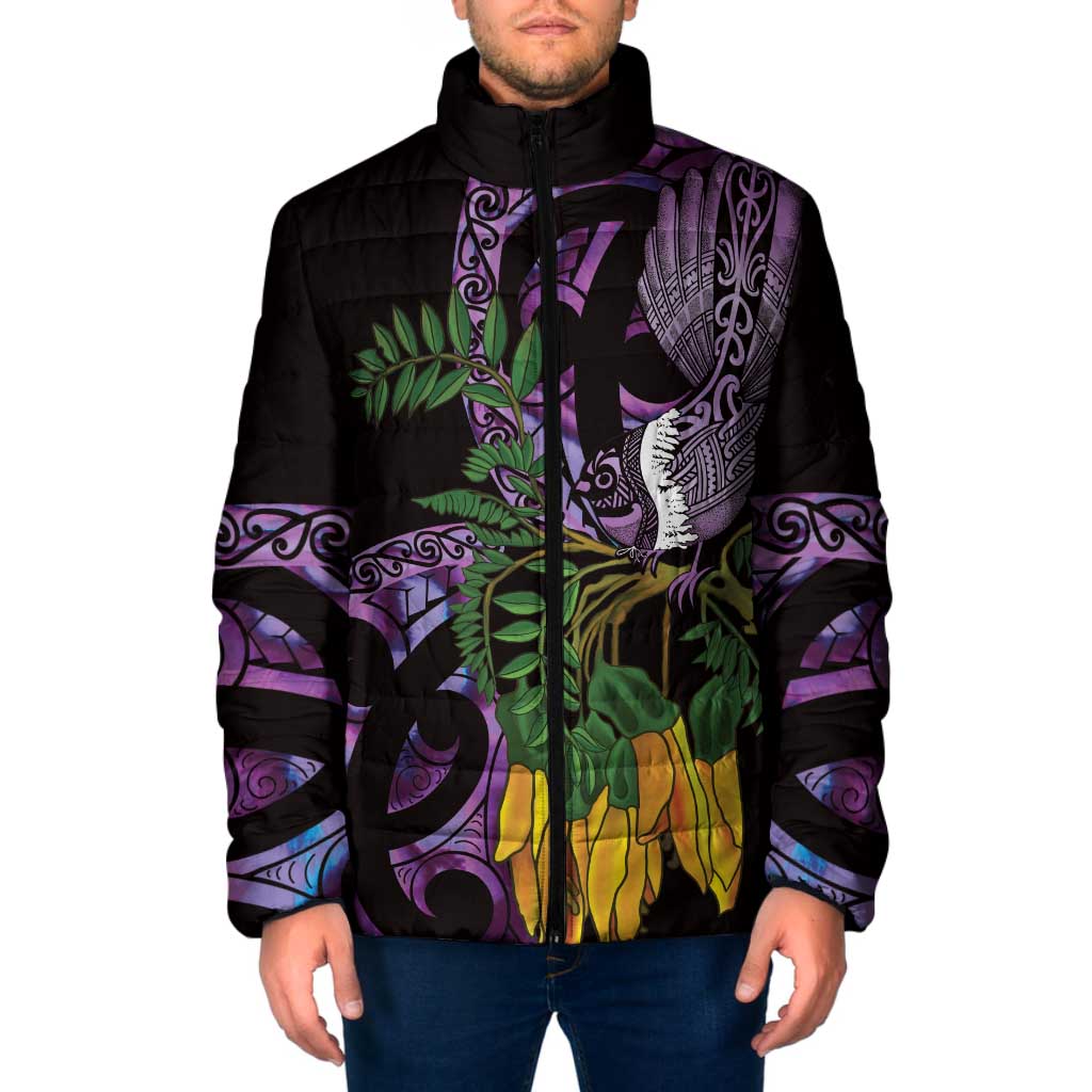Purple New Zealand Kowhai And Piwakawaka Padded Jacket Maori Ngaru Paua Shell - Polynesian Pride