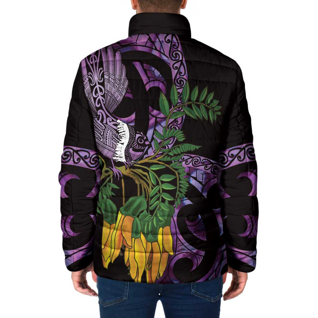 Purple New Zealand Kowhai And Piwakawaka Padded Jacket Maori Ngaru Paua Shell - Polynesian Pride
