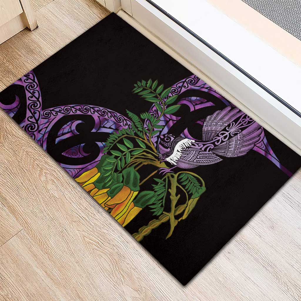 Purple New Zealand Kowhai And Piwakawaka Rubber Doormat Maori Ngaru Paua Shell