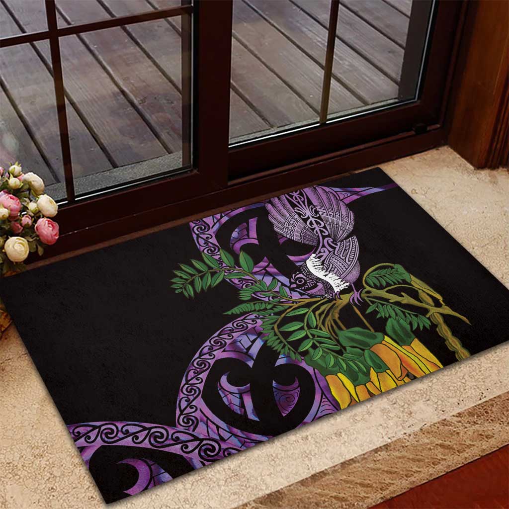 Purple New Zealand Kowhai And Piwakawaka Rubber Doormat Maori Ngaru Paua Shell