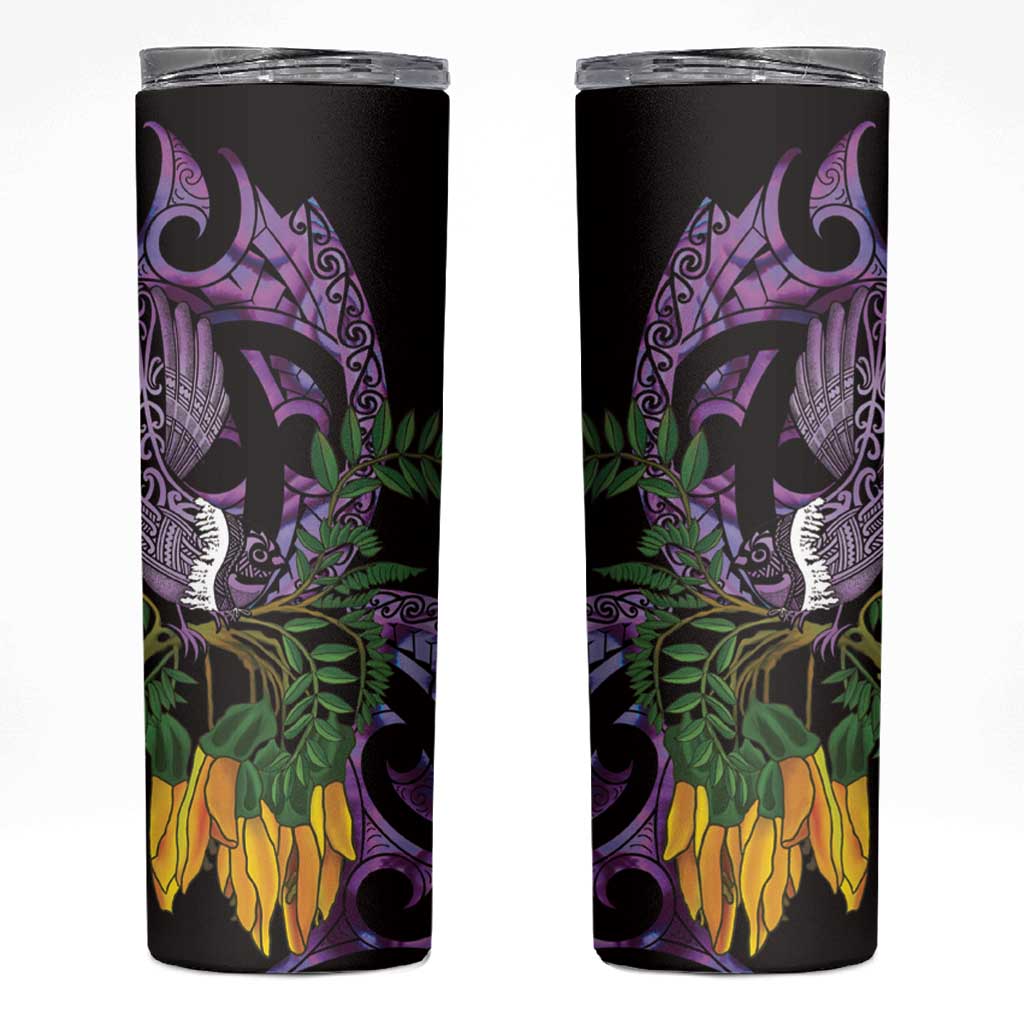 Purple New Zealand Kowhai And Piwakawaka Skinny Tumbler Maori Ngaru Paua Shell