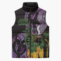 Purple New Zealand Kowhai And Piwakawaka Sleeveless Puffer Jacket Maori Ngaru Paua Shell - Polynesian Pride