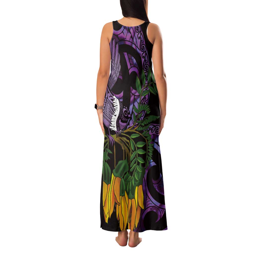 Purple New Zealand Kowhai And Piwakawaka Tank Maxi Dress Maori Ngaru Paua Shell