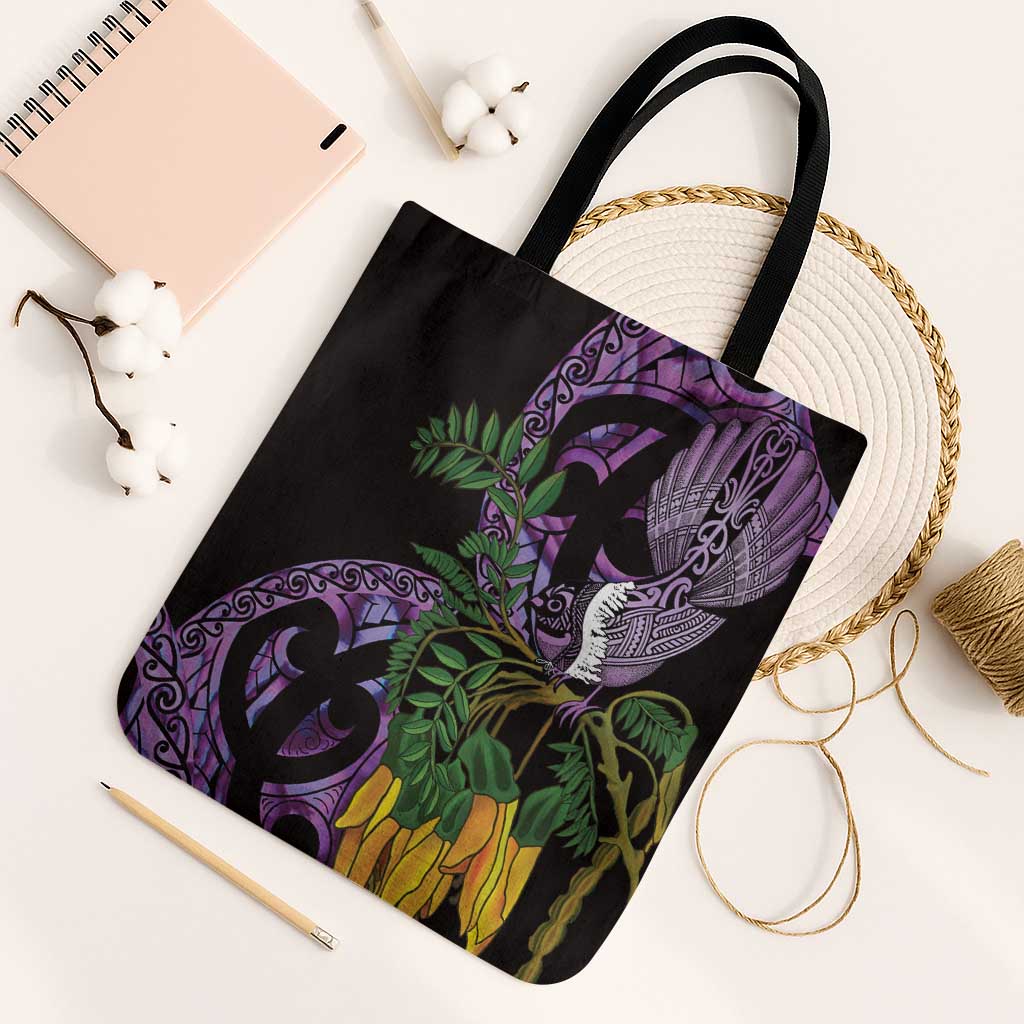 Purple New Zealand Kowhai And Piwakawaka Tote Bag Maori Ngaru Paua Shell - Polynesian Pride